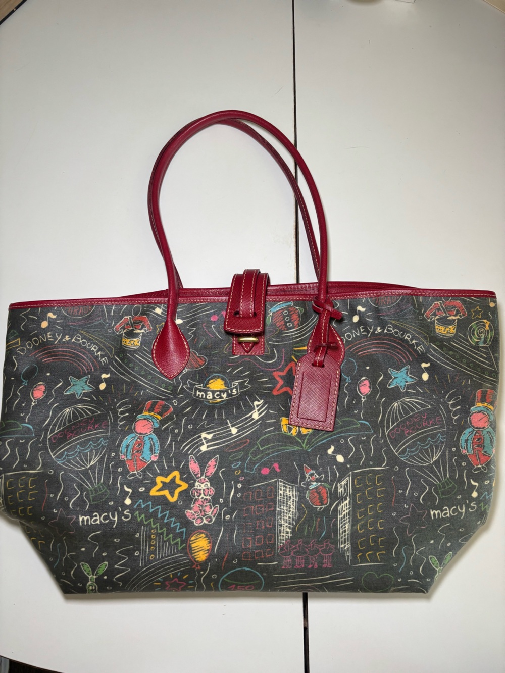 Macy's Dooney & Bourke Black Printed Tote with Red Trim